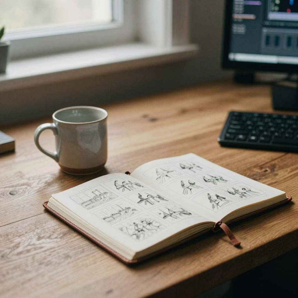 A ceramic mug and a leather-bound sketchbook of storyboard thumbnails on a wide oak desk in a dim edit suite, warm accen