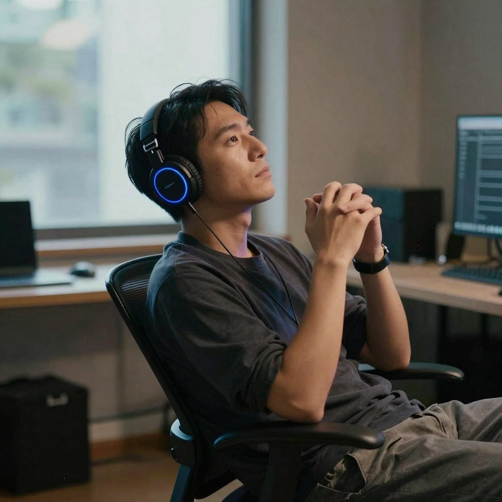 A creative director in headphones leaning back thoughtfully in a modern studio chair at night, hands steepled, ambient b