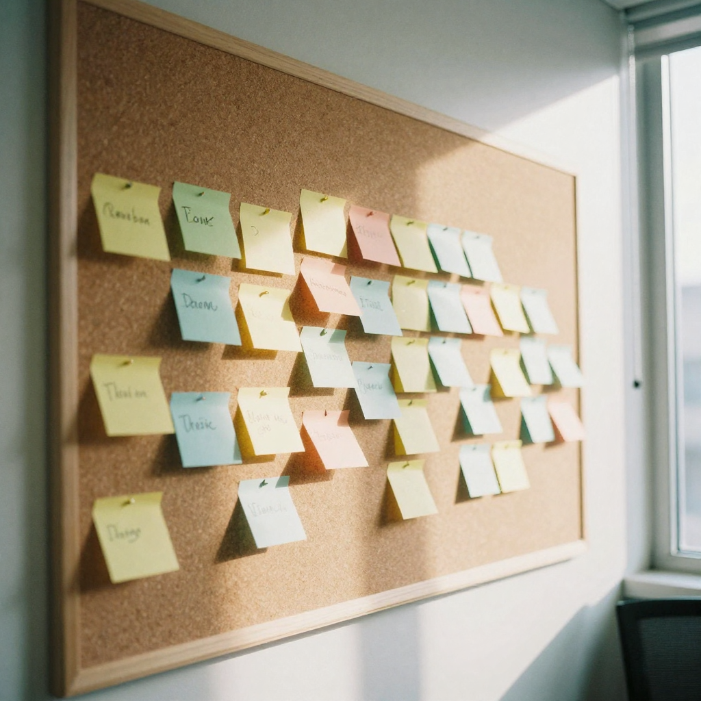A cluster of colored sticky notes fanned across a corkboard wall in a bright agency room, arranged like a shot sequence,