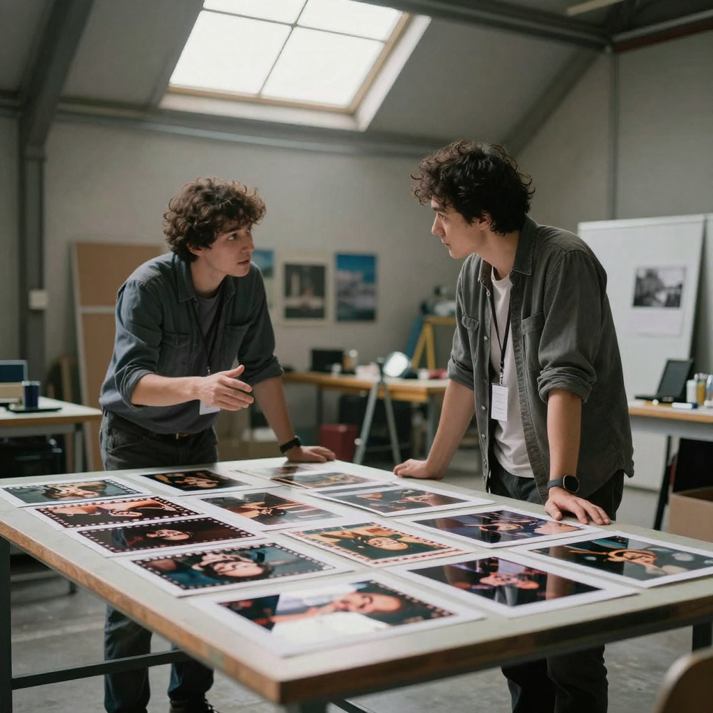Two collaborators standing at a tall table gesturing over an array of printed film-frame stills spread out, warehouse st