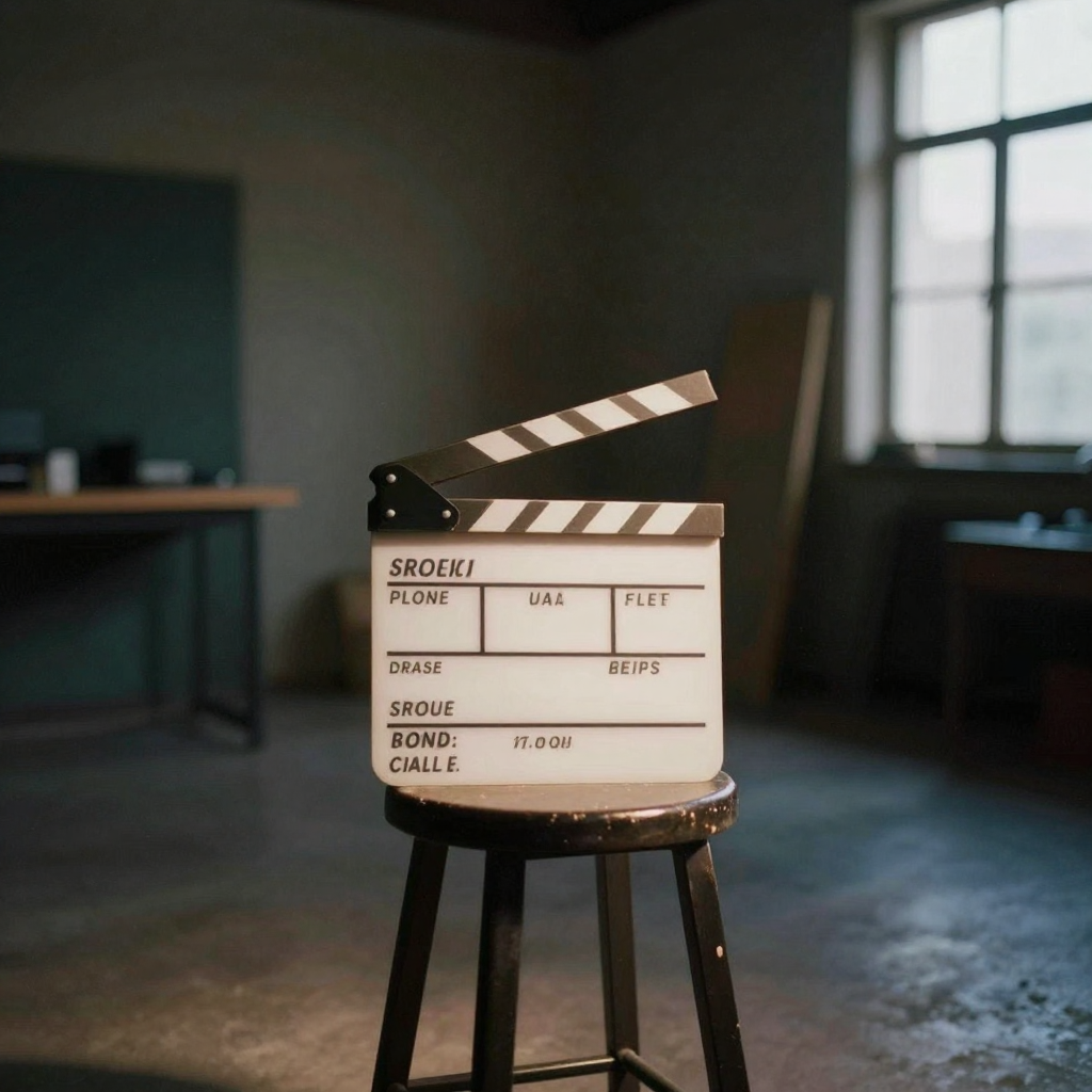 A single clapperboard resting closed on a stool in an empty soundstage, dramatic spotlight from above, deep shadows, cin
