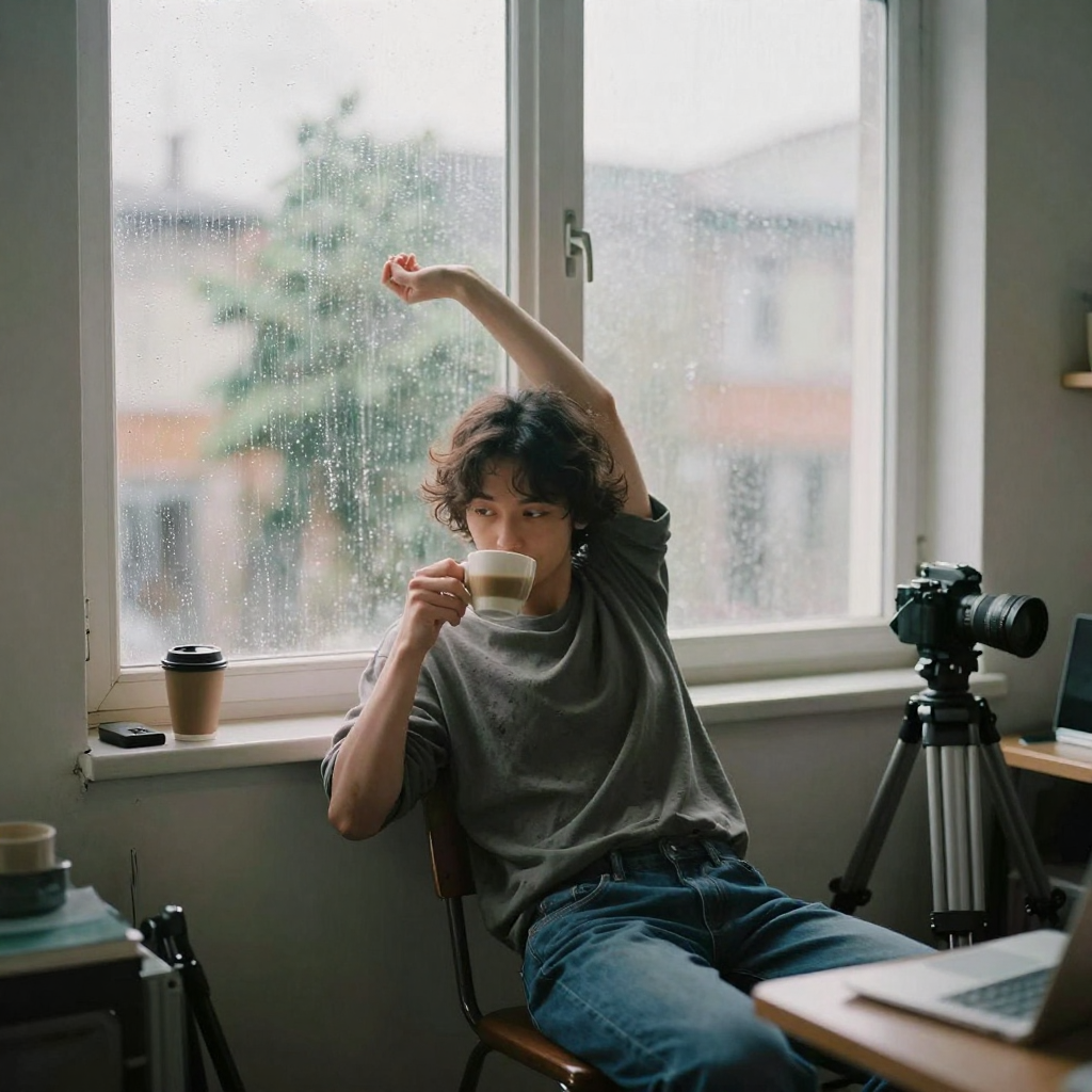 A freelancer stretching and sipping coffee by a rain-streaked window in a small studio at dawn, relaxed, a camera tripod