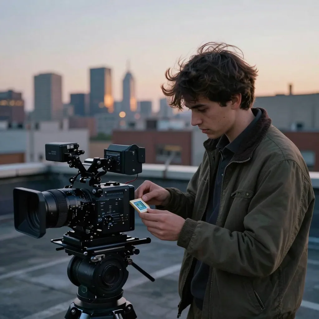 A young filmmaker loading a memory card into a cinema camera on a rooftop at blue hour, city skyline glowing behind, jacket collar up agains