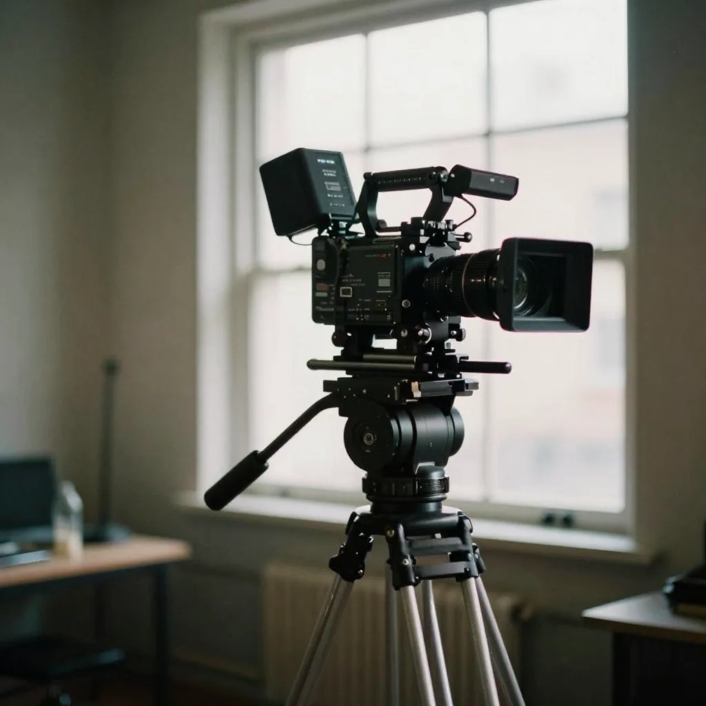 a professional cinema camera mounted on a tripod in a softly lit film studio, dramatic key light