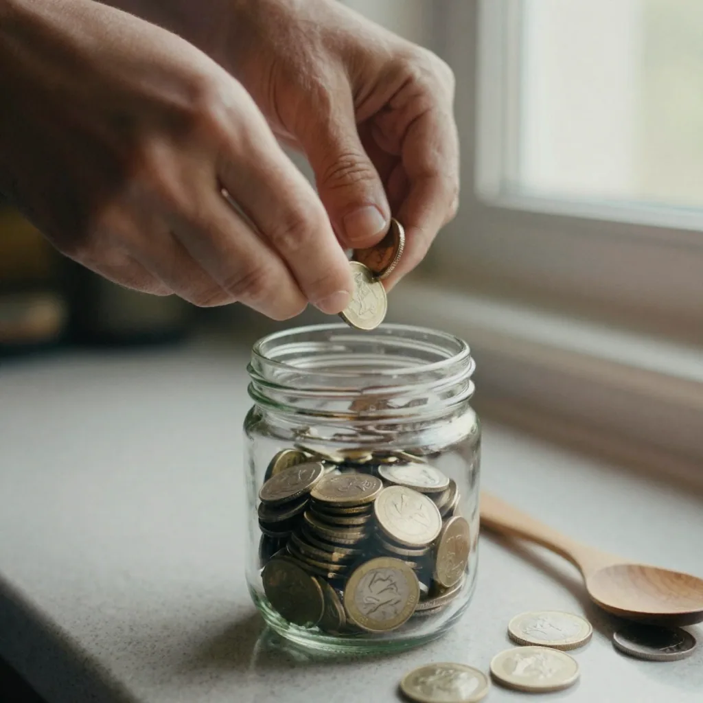 Close-up of hands dropping several coins one at a time into a glass jar half full of change, warm kitchen light, a wooden spoon resting near