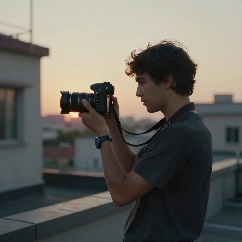 a filmmaker on a rooftop at sunset holding a camera, cinematic warm tones, shallow depth of field