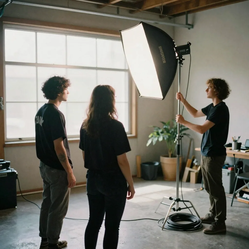 A small indie film crew of three setting up a single softbox light in a garage-turned-studio, one adjusting the stand, another coiling cable