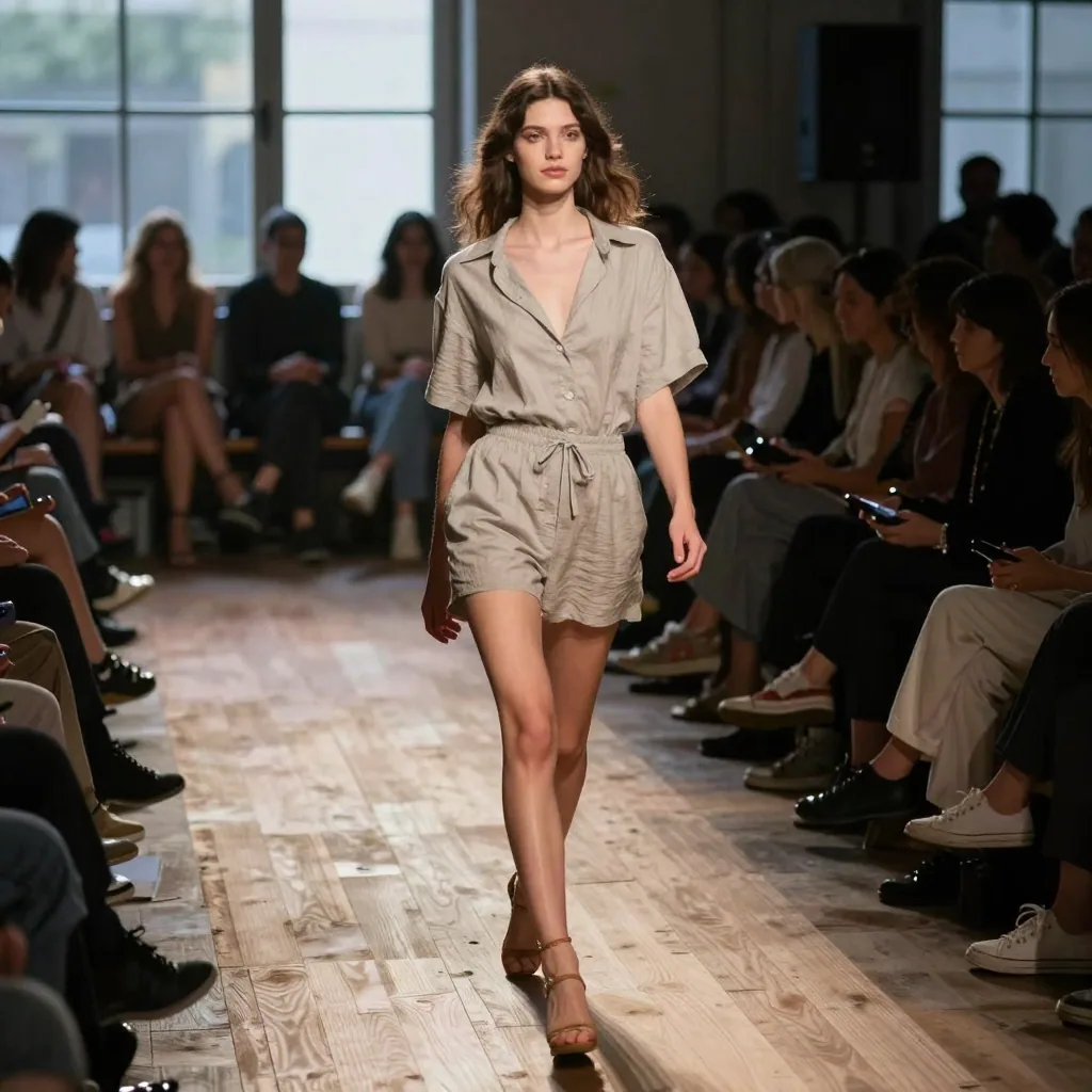 A runway model striding down a wooden catwalk in a dim fashion venue, spotlight tracking her, blurred audience silhouettes in the dark rows