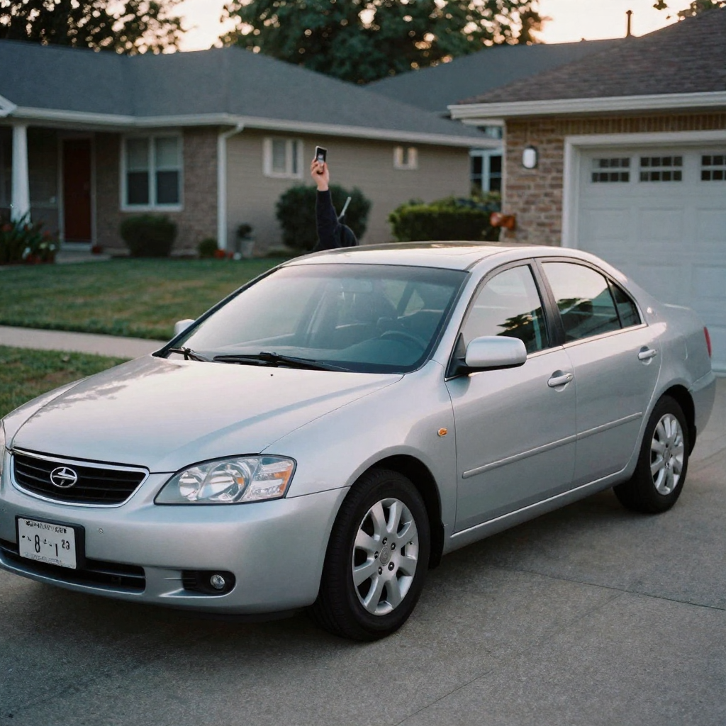 A private seller photographing the front three-quarter of a clean silver sedan in a suburban driveway, phone raised, lat