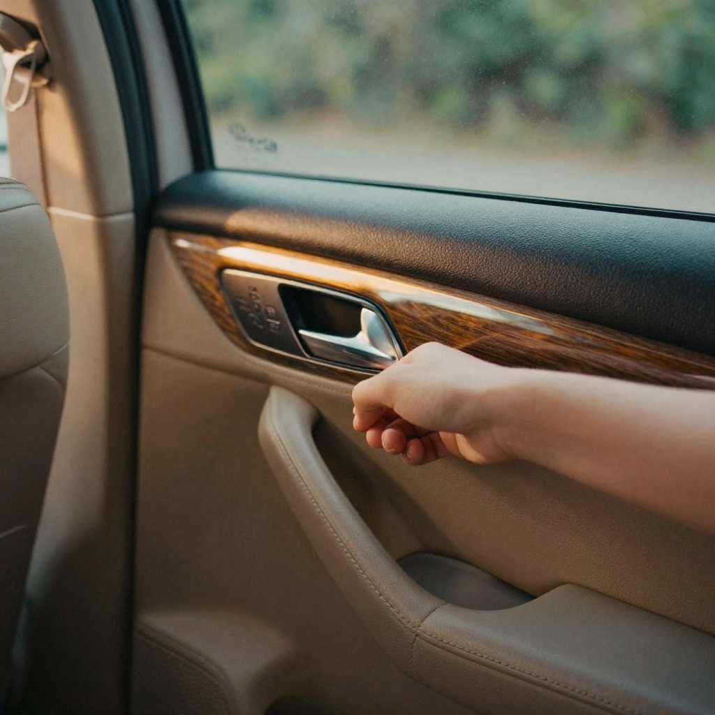 Close-up of a hand opening a car door to reveal a tidy tan leather interior, warm reflections across polished trim, gold
