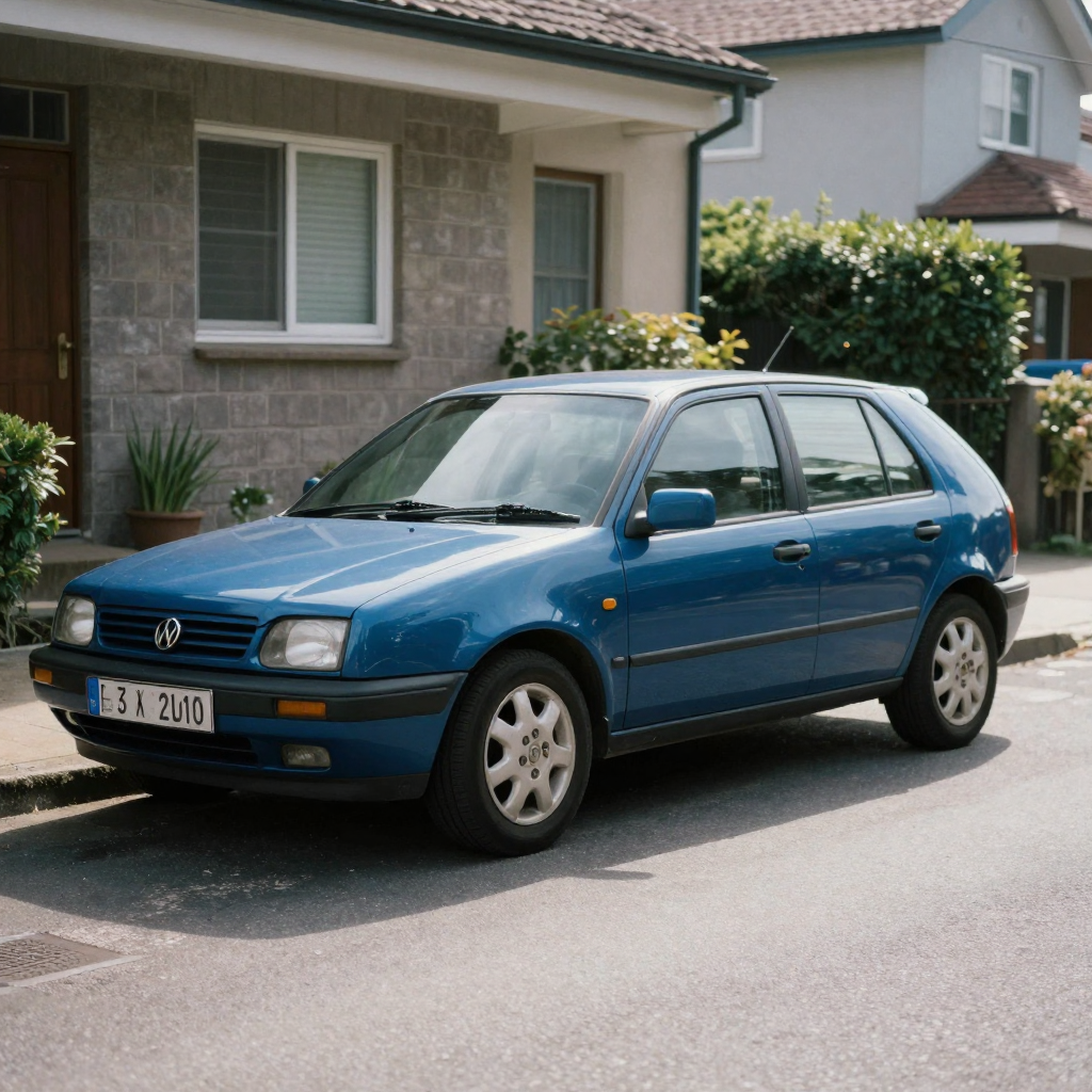 A shiny blue hatchback parked on a quiet residential street, low sun raking across the metallic paint to reveal its dept