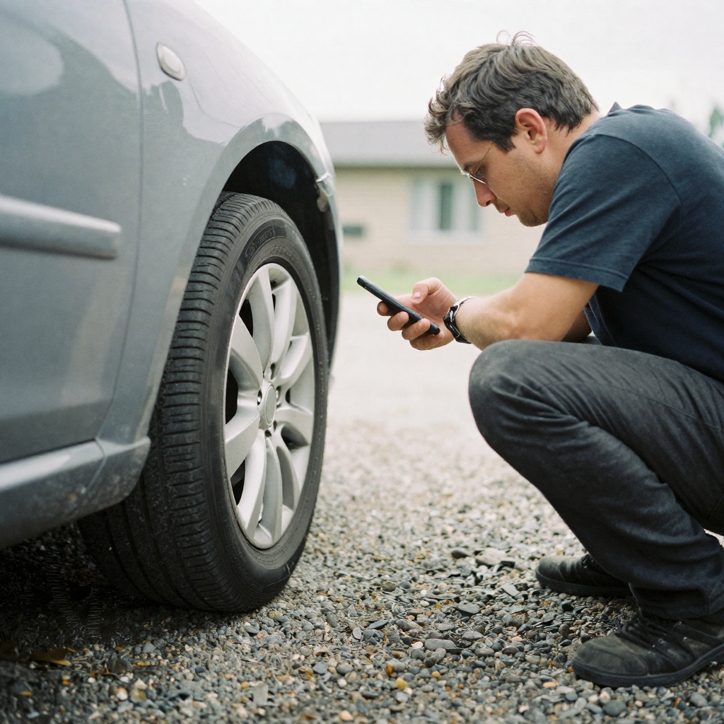 A man crouching beside a car to photograph the alloy wheel and tire tread, phone in hand, driveway gravel, bright overca