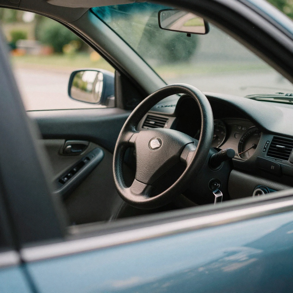 The dashboard and steering wheel of a well-kept car seen through an open driver's door, sunlight streaming across clean