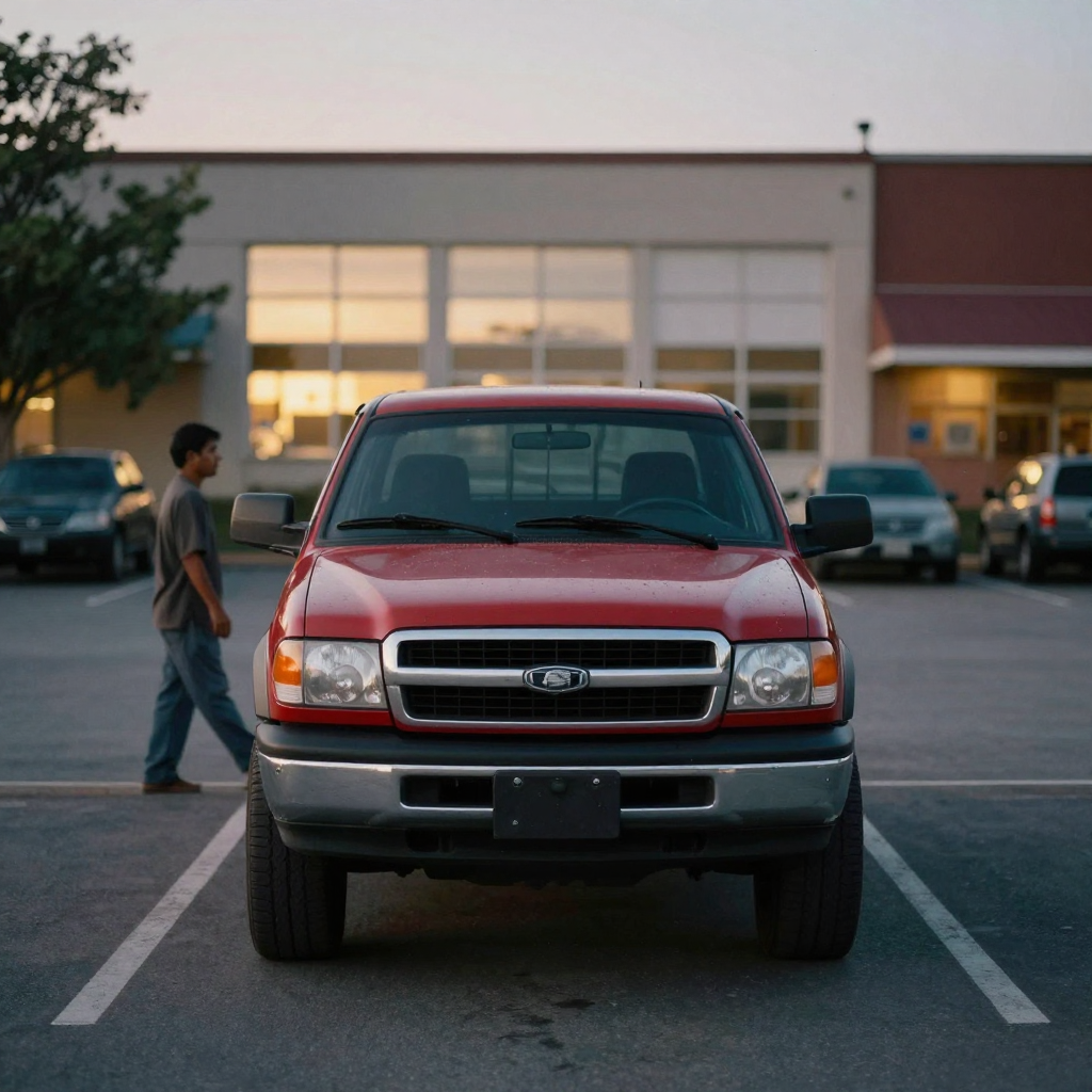 A red pickup truck photographed head-on in an empty parking lot at dusk, city glow behind, seller stepping back to captu