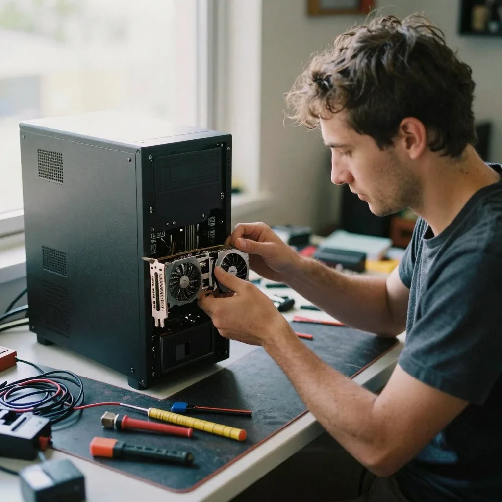 A hobbyist tinkerer at a workbench assembling a custom desktop tower with the side panel off, holding a graphics card, tools and cables stre