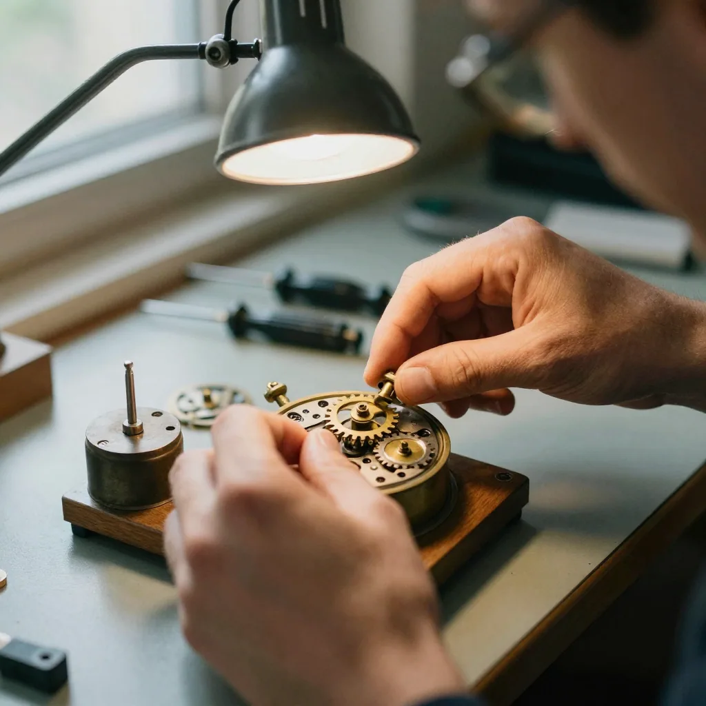Close-up of hands turning a small brass gear inside an open mechanical clock on a repair bench, magnifier arm and tiny screwdrivers alongsid