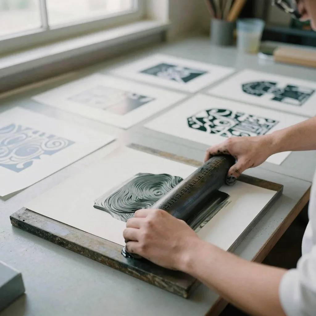 A printmaker rolling ink across a carved linoleum block at a studio table, then pressing paper onto it, ink-stained fingers and drying print
