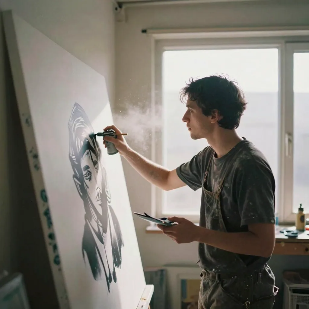 An artist in a garage studio spray-painting a large stencil onto a canvas leaned against the wall, mist of paint in the air, afternoon light