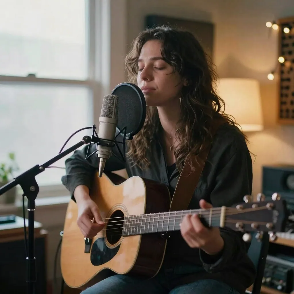 A singer-songwriter in a home studio strumming an acoustic guitar into a foam-shielded microphone, eyes closed, warm lamp glow and hanging s