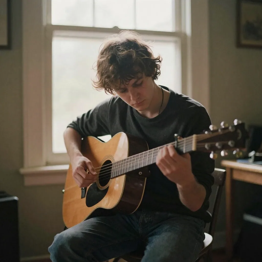 a musician playing an acoustic guitar in a sunlit room, warm golden tones, intimate mood