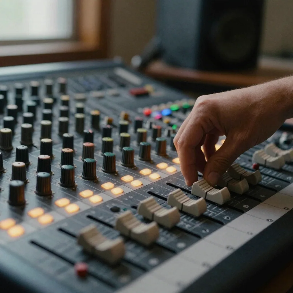 Close-up of a hand adjusting sliders on an analog mixing console in a dim studio, faders lit by the amber glow of channel indicators