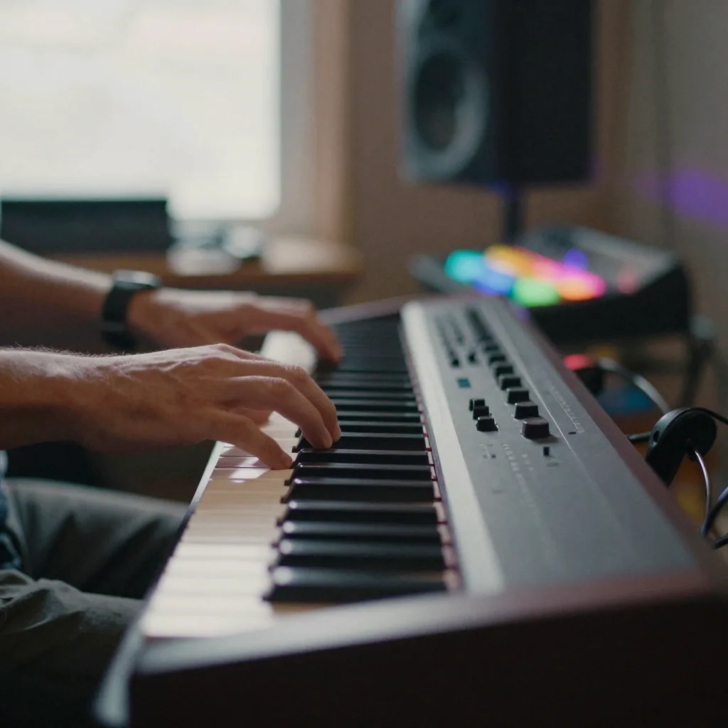 hands playing a synthesizer keyboard in a dim music studio with colorful ambient lighting