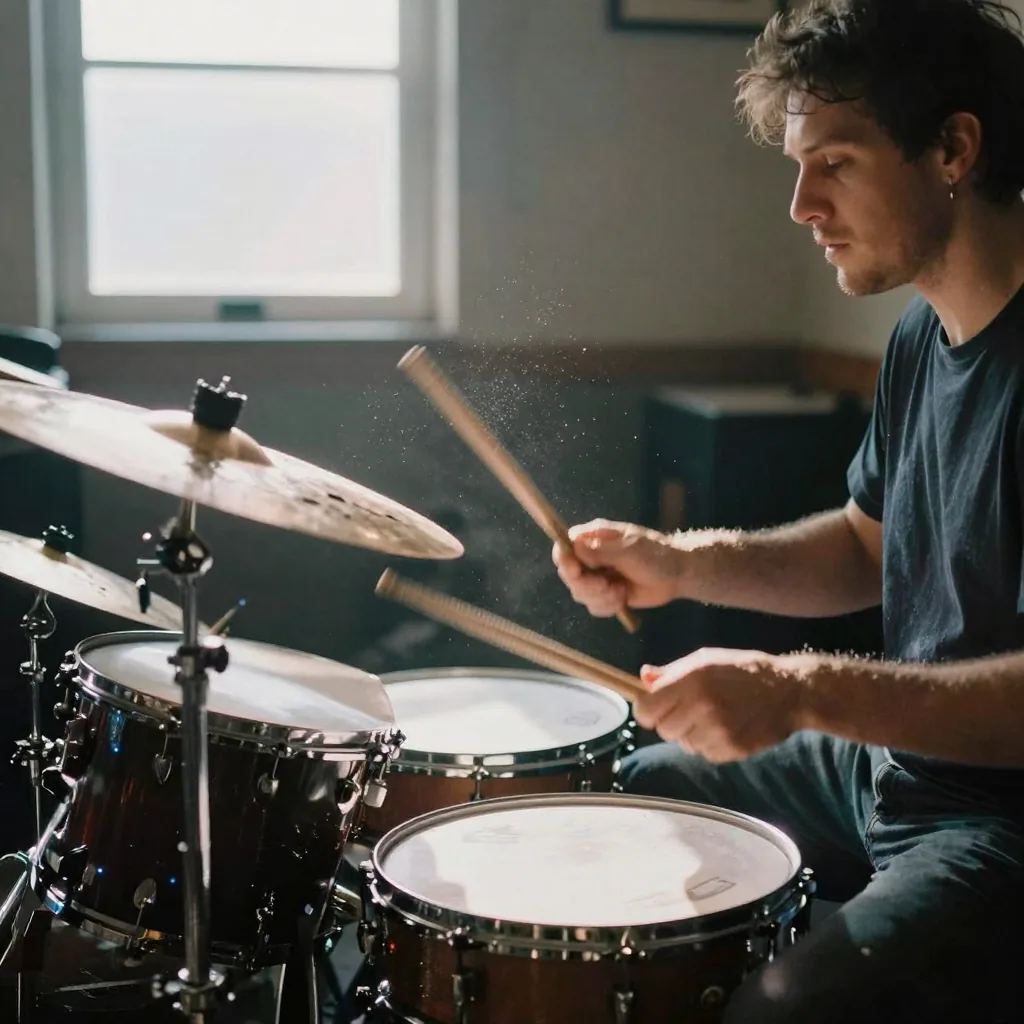 A drummer mid-strike in a rehearsal space, sticks blurred over a cymbal, dust motes in a shaft of window light across the kit