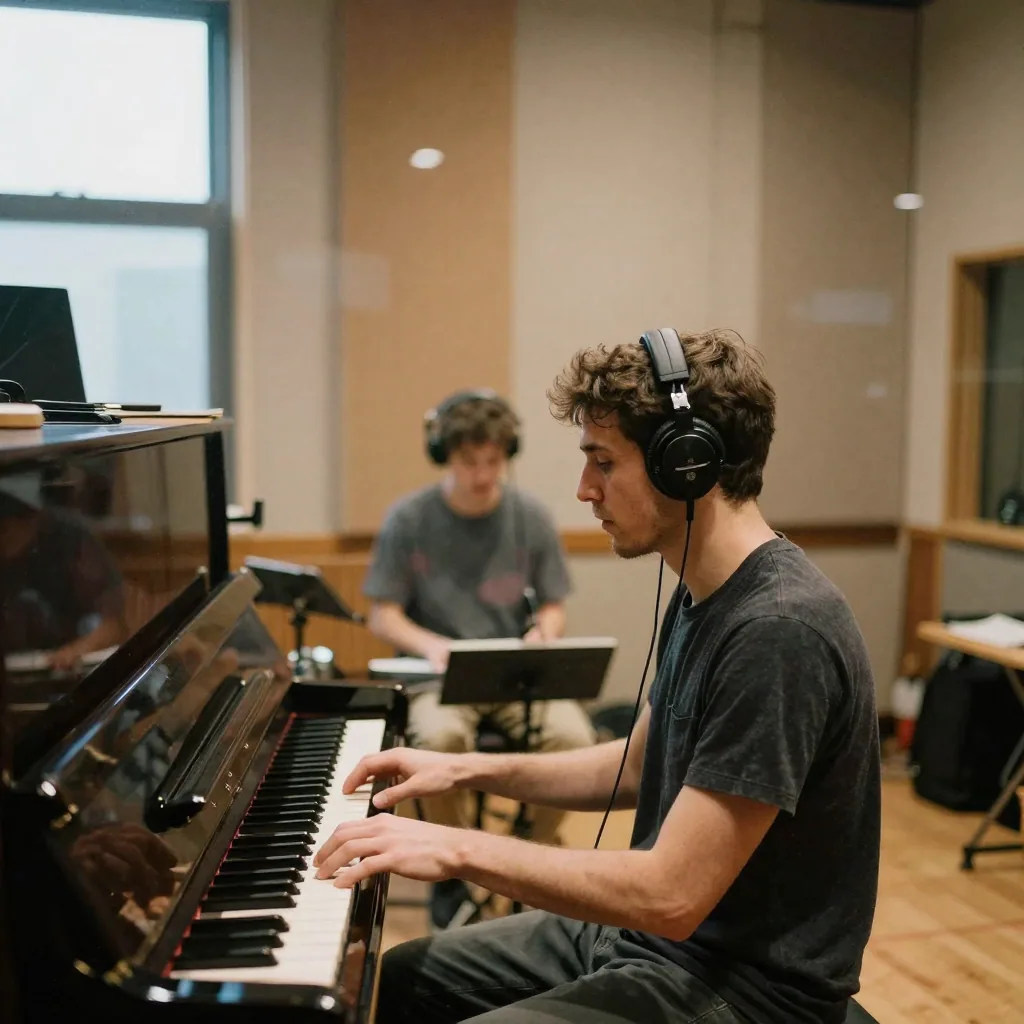 Two musicians recording in a booth through glass, one at an upright piano and one holding headphones, warm acoustic panels lining the walls