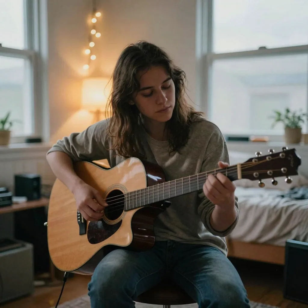 A songwriter in a cozy bedroom studio strumming an acoustic guitar, warm string lights behind, soft evening lamp glow, e