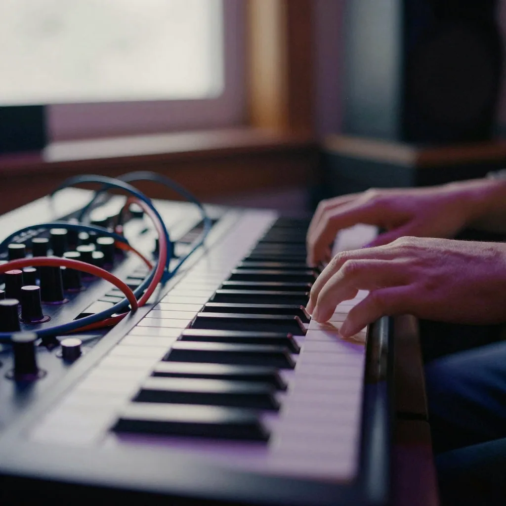 Close-up of fingers pressing keys on an analog synthesizer in a dim home studio, patch cables draped colorfully, moody p
