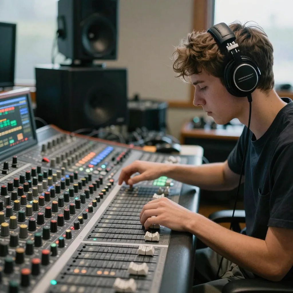 A young producer with over-ear headphones nodding to a beat at a mixing console, rows of glowing faders and knobs, no sc