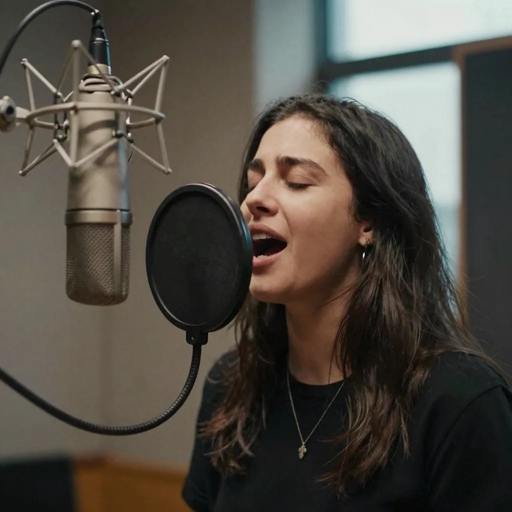 A vocalist singing into a large studio microphone behind a pop filter in a padded booth, warm spotlight on the face, eye