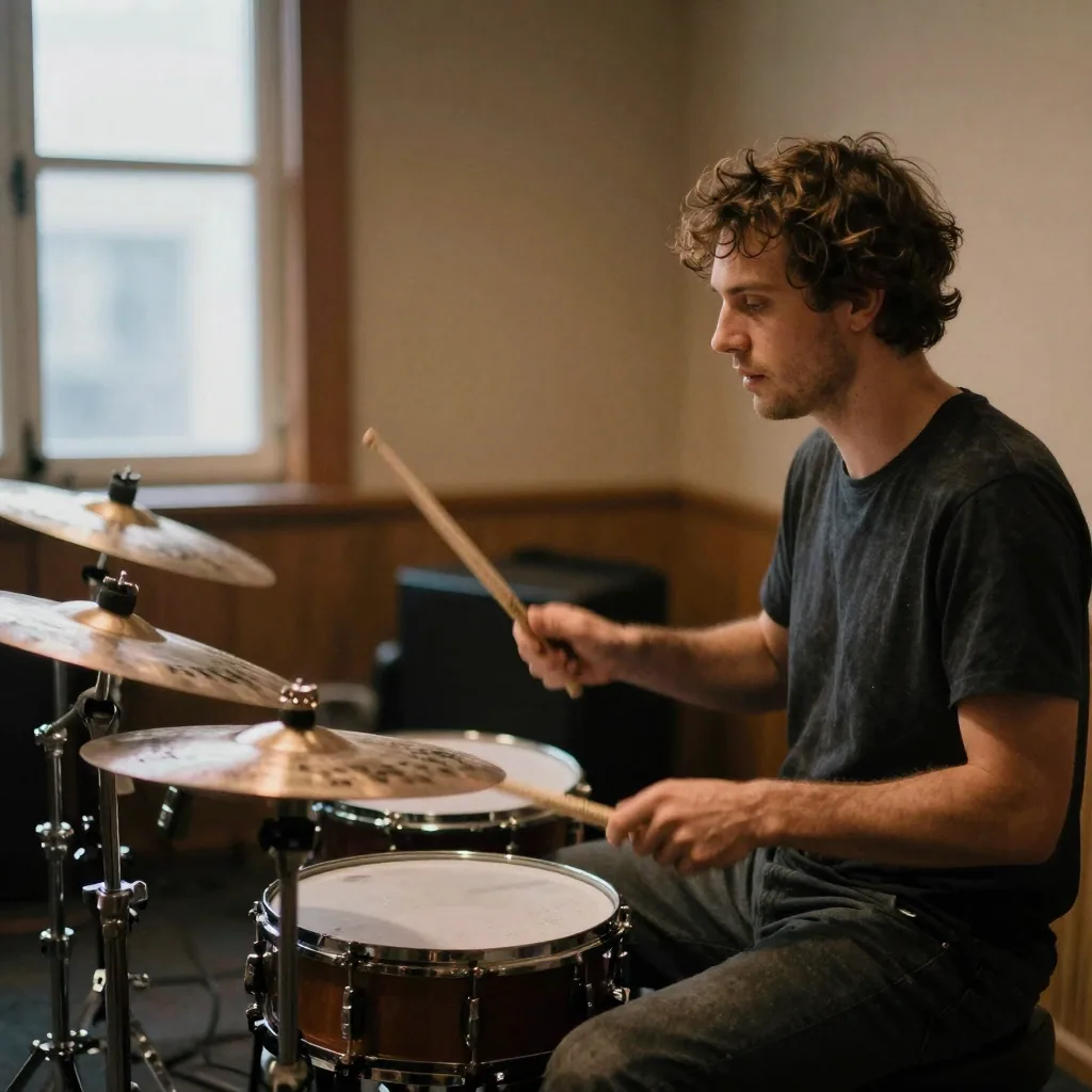 A drummer mid-fill in a rehearsal space bathed in amber practice-room light, sticks blurred with motion, cymbals catchin