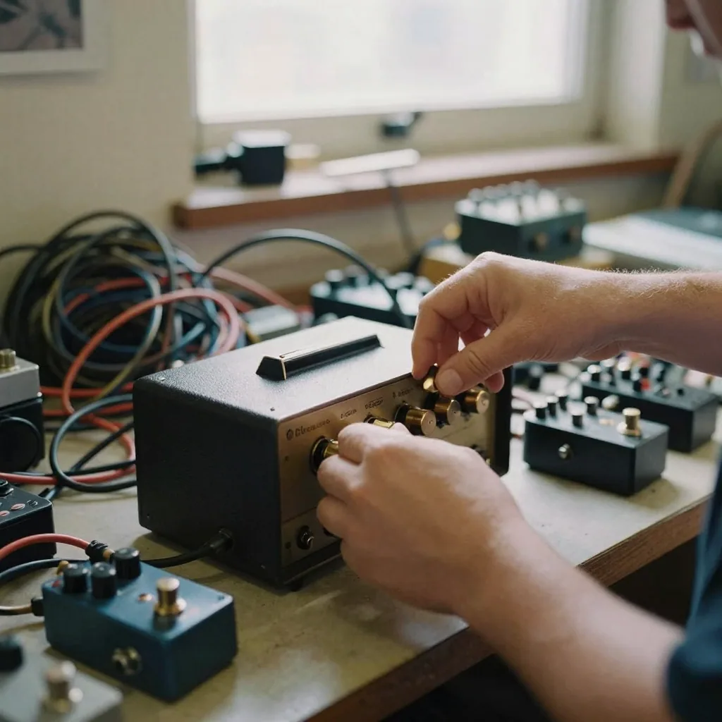 Hands adjusting a vintage tube amplifier's brass dials on a workbench cluttered with guitar pedals and coiled cables, wa