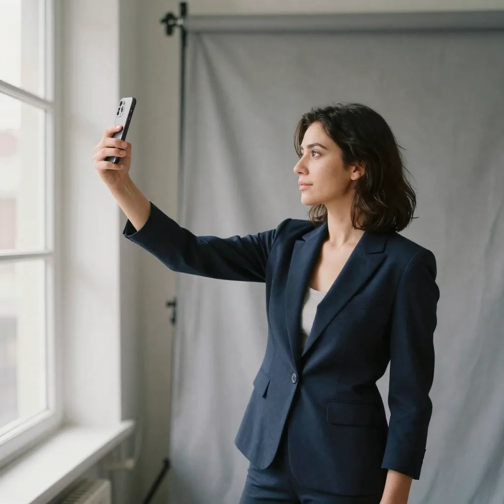 A woman in a navy blazer standing against a soft grey studio backdrop, taking a well-lit selfie of herself at arm's leng