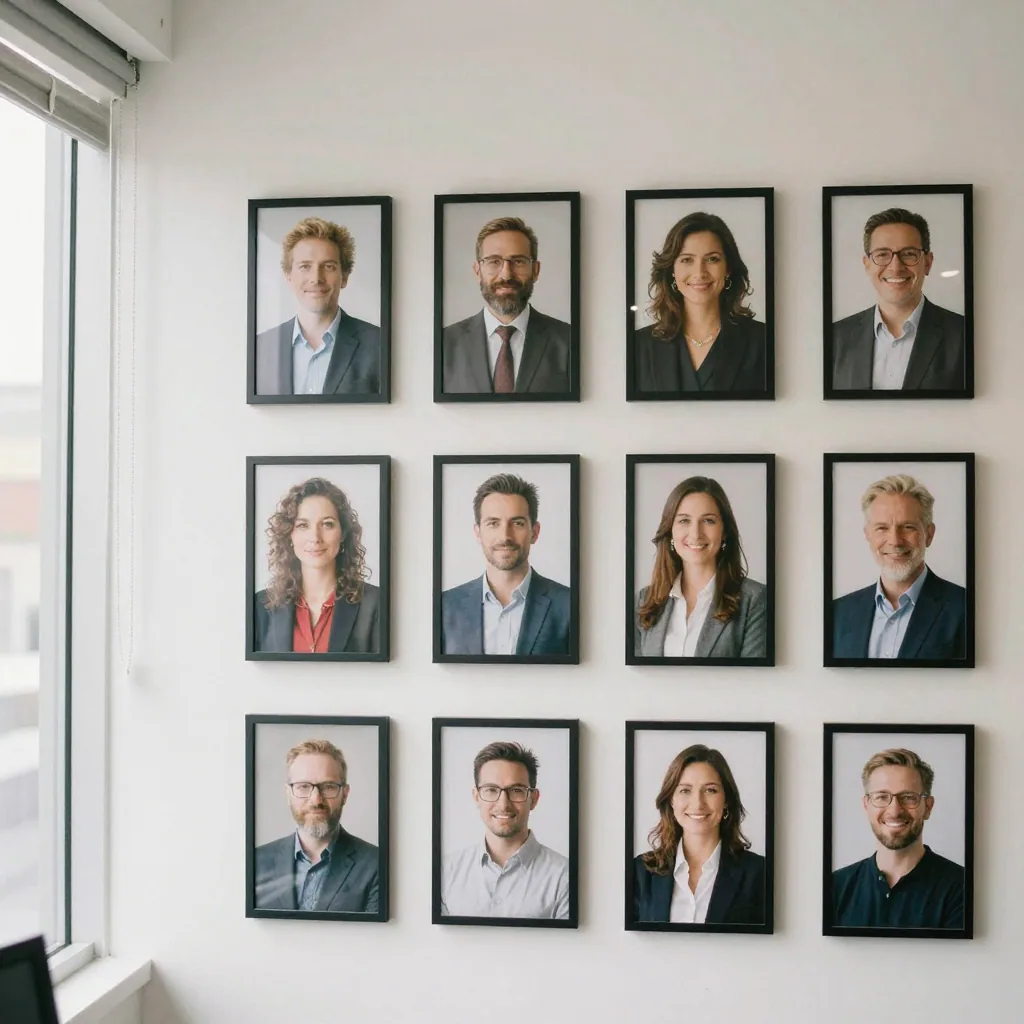 A grid of framed portrait photos arranged evenly on a clean white office wall, each showing a different colleague agains