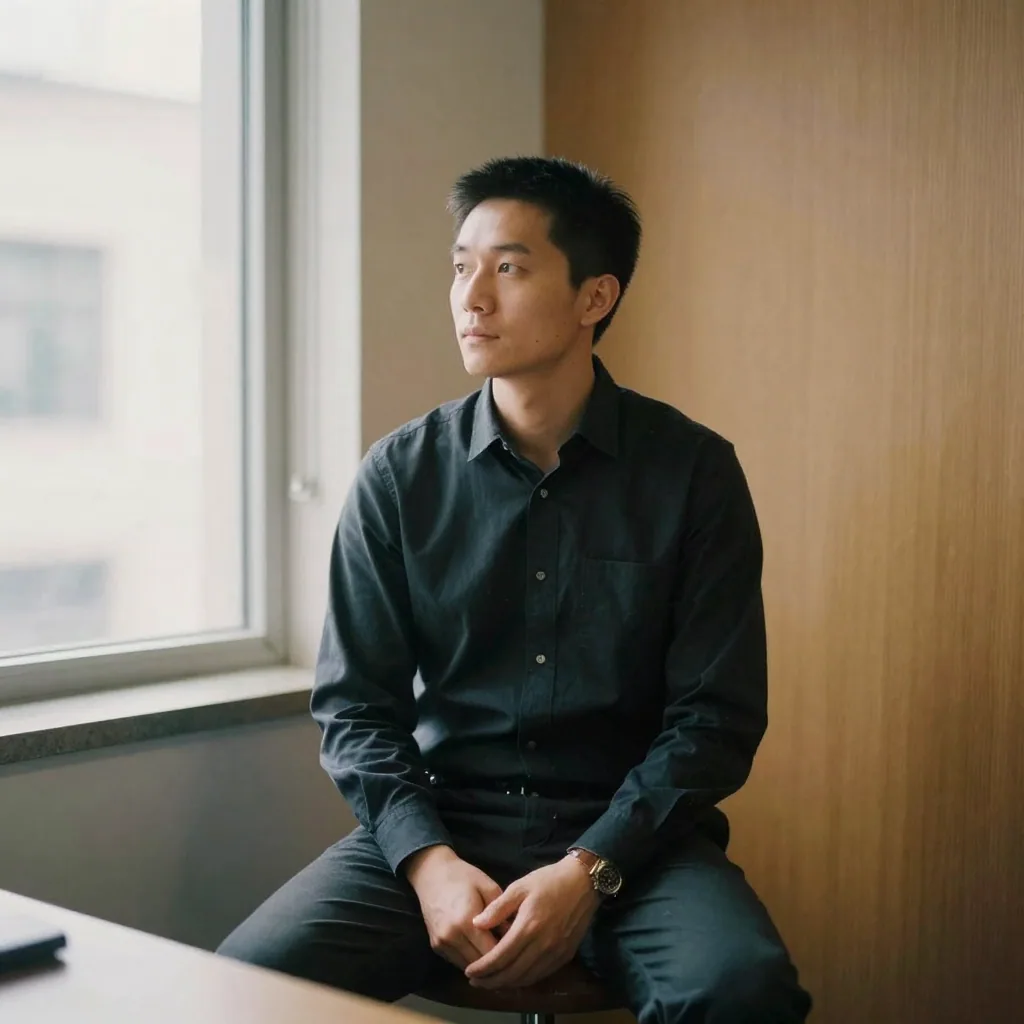 A man in a crisp charcoal shirt seated on a stool in a corner of a modern office, soft window light on his face, plain w
