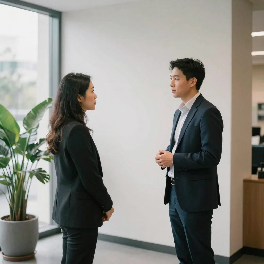 An HR manager standing beside a new employee near a bright lobby wall, coaching her on where to stand for a consistent p