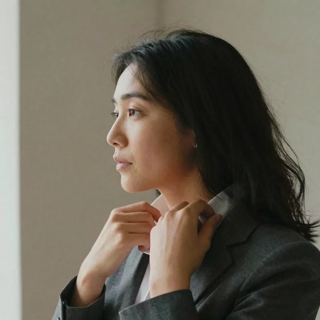 Close-up of a professional woman adjusting her collar and smoothing her hair, framed head-and-shoulders against an evenl