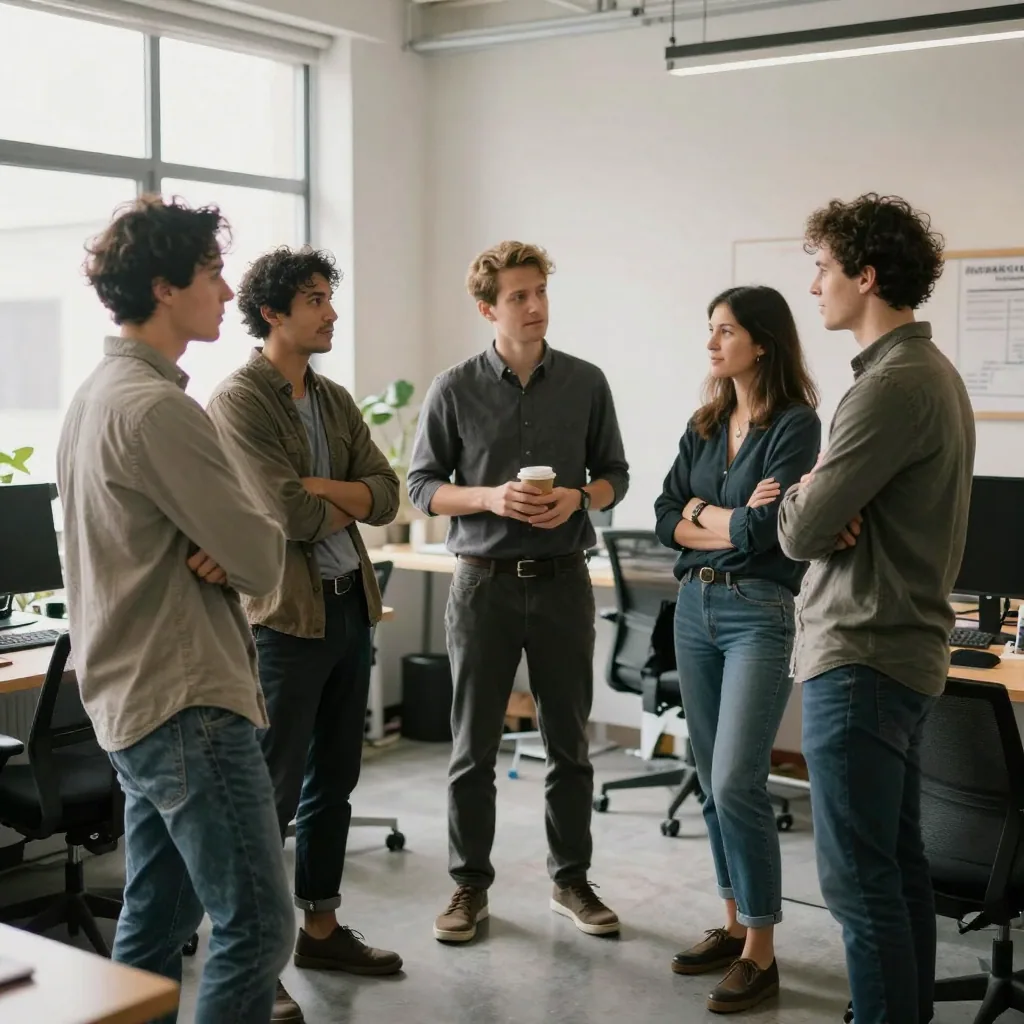 A diverse group of coworkers standing together in a sunlit open-plan office, chatting between headshot takes, one holdin