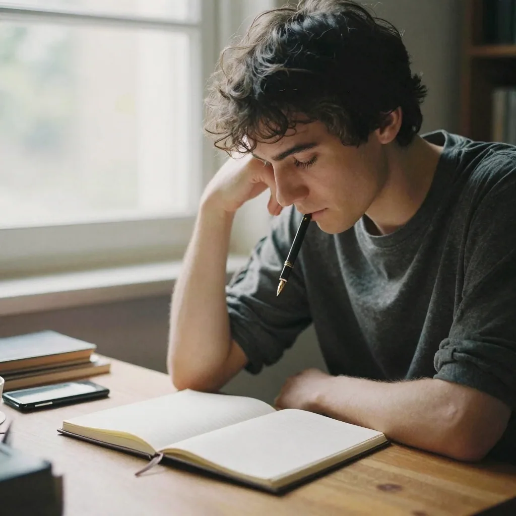 A writer at a wooden desk pausing thoughtfully with a fountain pen resting against their lips, an unlined notebook open, warm morning window