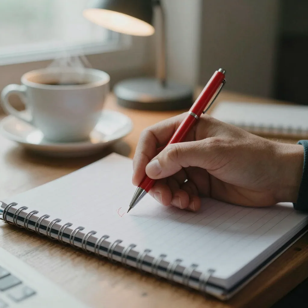 Close-up of a hand crossing out lines in a paper notebook with a red pen, coffee cup steaming nearby, soft desk-lamp glow on a quiet evening