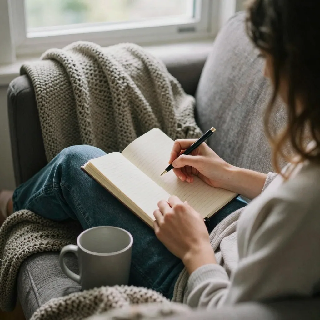 A person curled in a reading nook armchair jotting notes in a blank journal, a knit blanket and a mug beside them, cozy afternoon light