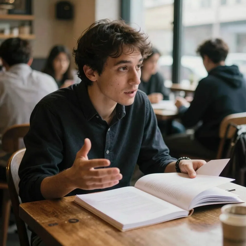 An editor at a café table gesturing mid-thought over a stack of blank-margin manuscript pages, warm ambient light, other patrons blurred behind