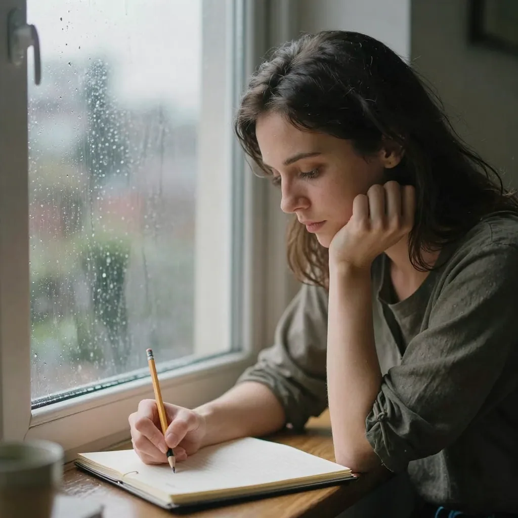 A woman by a rain-streaked window drafting in a notebook with a pencil, chin resting on her hand in concentration, soft grey overcast light