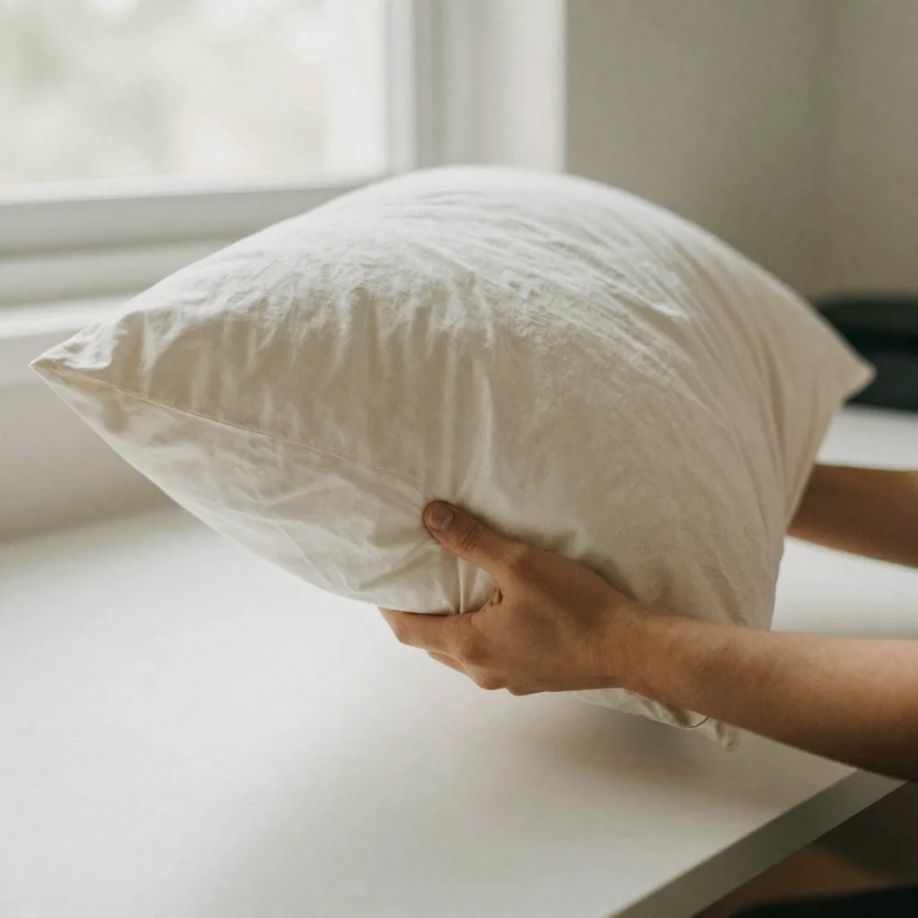 A designer's hands cupping a large fluffy pillow being compressed down to a tiny cushion, visualizing shrinking size, on