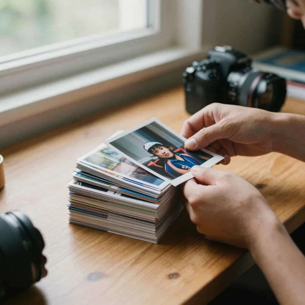 A photographer at a wooden desk holding a small stack of glossy printed photos, sorting them into a neat compact pile, w