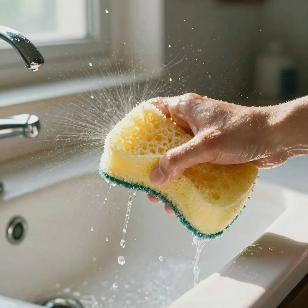 Close-up of a hand squeezing a bright sponge, water droplets flying, over a clean white countertop, sunlight catching th