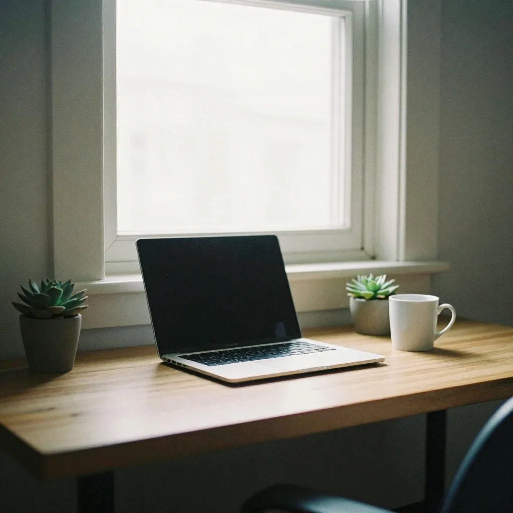 A tidy home office with an empty desk, a closed laptop pushed aside, a mug and a small potted succulent, calm bright mor