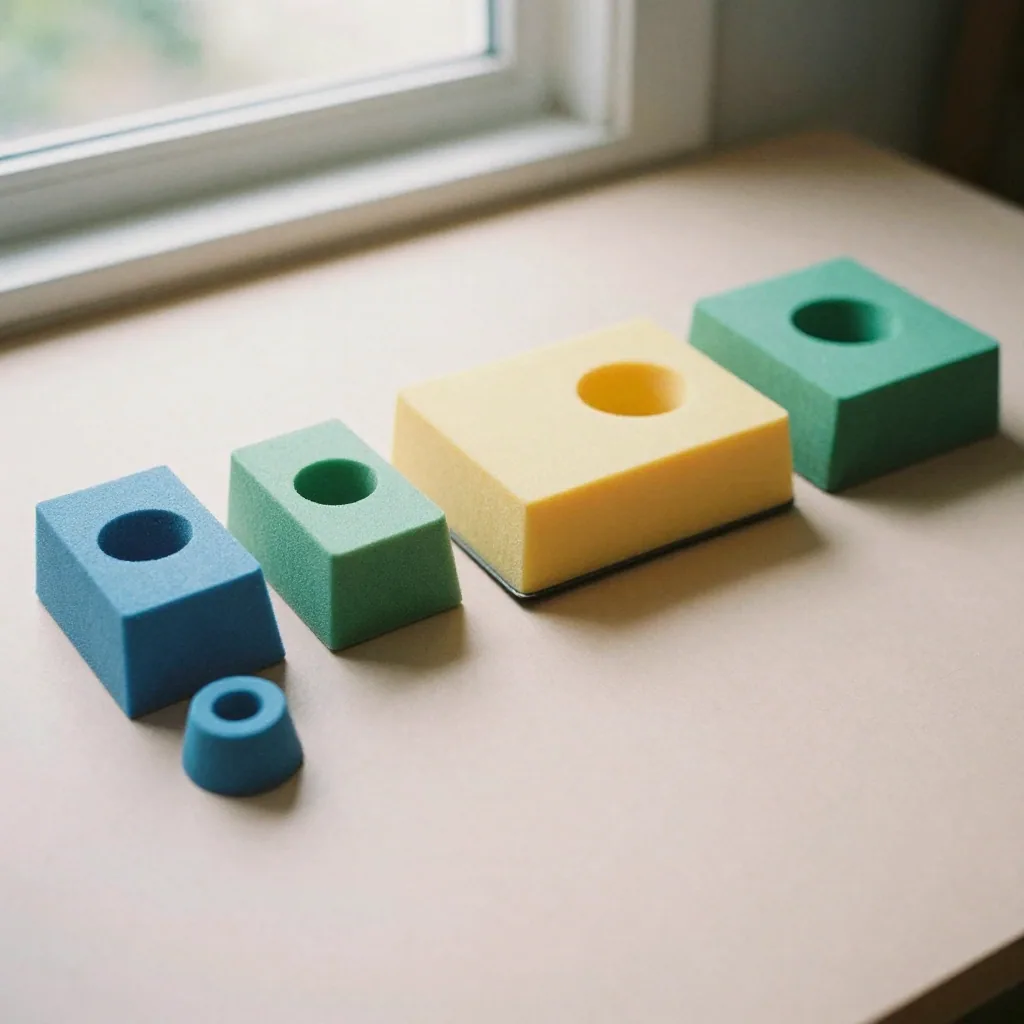 An overhead flat lay of colorful compressed foam blocks of shrinking sizes arranged in a row on a pastel surface, crisp